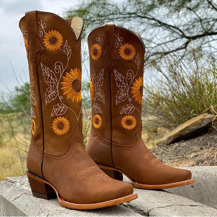 Boots For Women | Block Heel Floral Detail