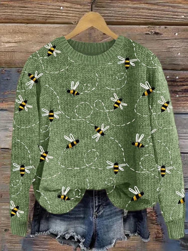 Charming Knitted Sweater with Bee Embroidery Pattern - Marlise