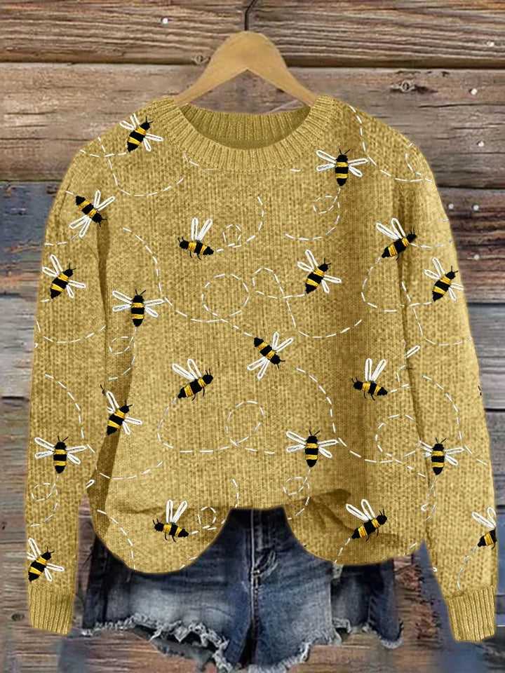 Charming Knitted Sweater with Bee Embroidery Pattern - Marlise