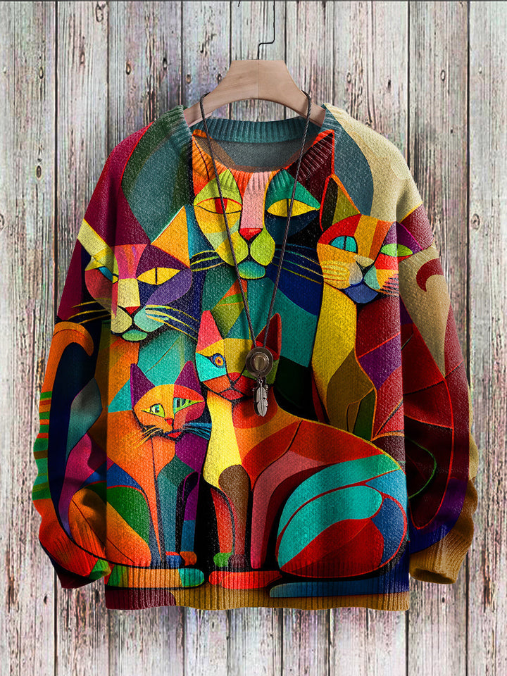 Cheerful Cat Print Sweater for Women - Cleo