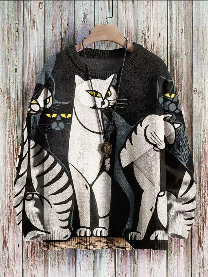 Cheerful Cat Print Sweater for Women - Cleo