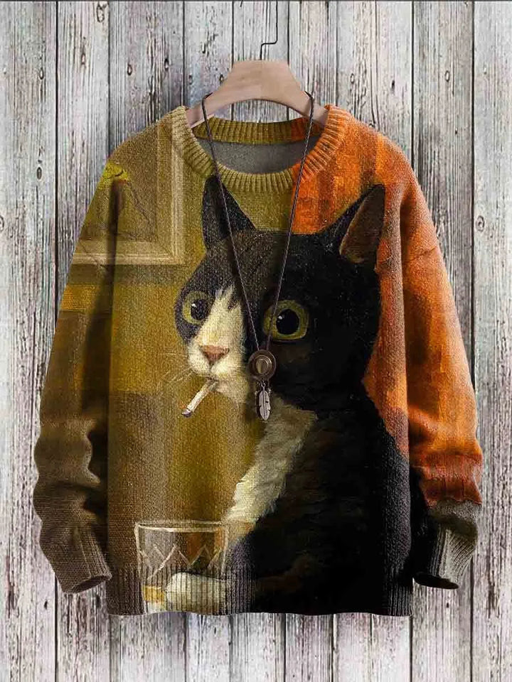 Cheerful Cat Print Sweater for Women - Cleo