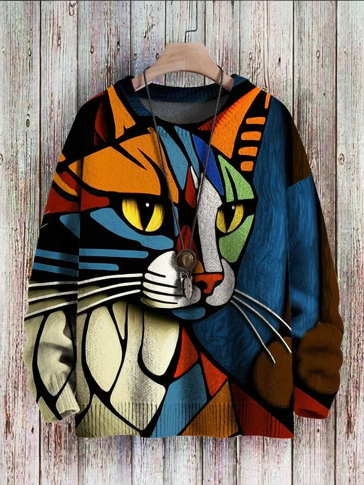 Cheerful Cat Print Sweater for Women - Cleo