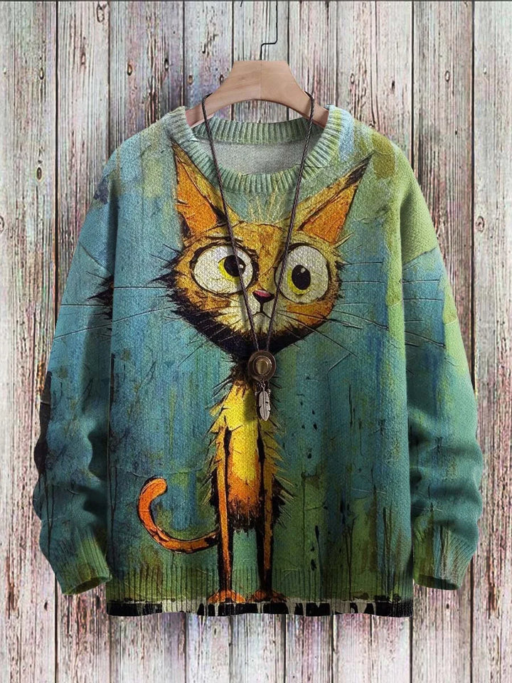 Cheerful Cat Print Sweater for Women - Cleo