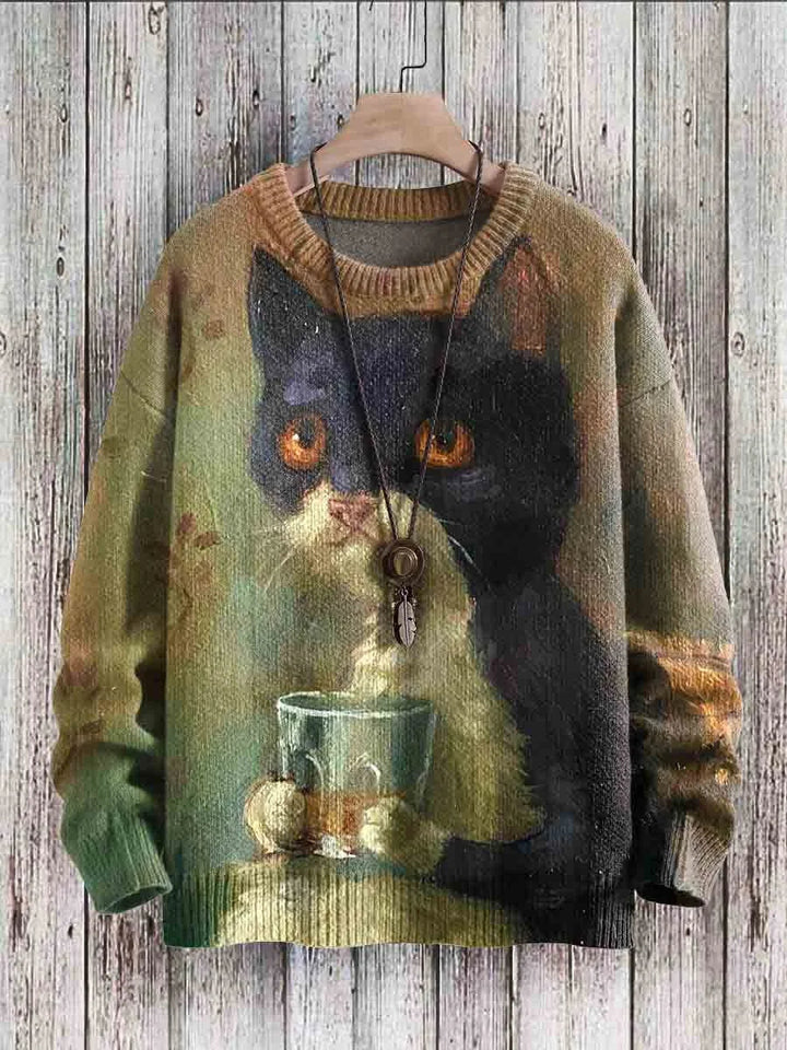 Cheerful Cat Print Sweater for Women - Cleo